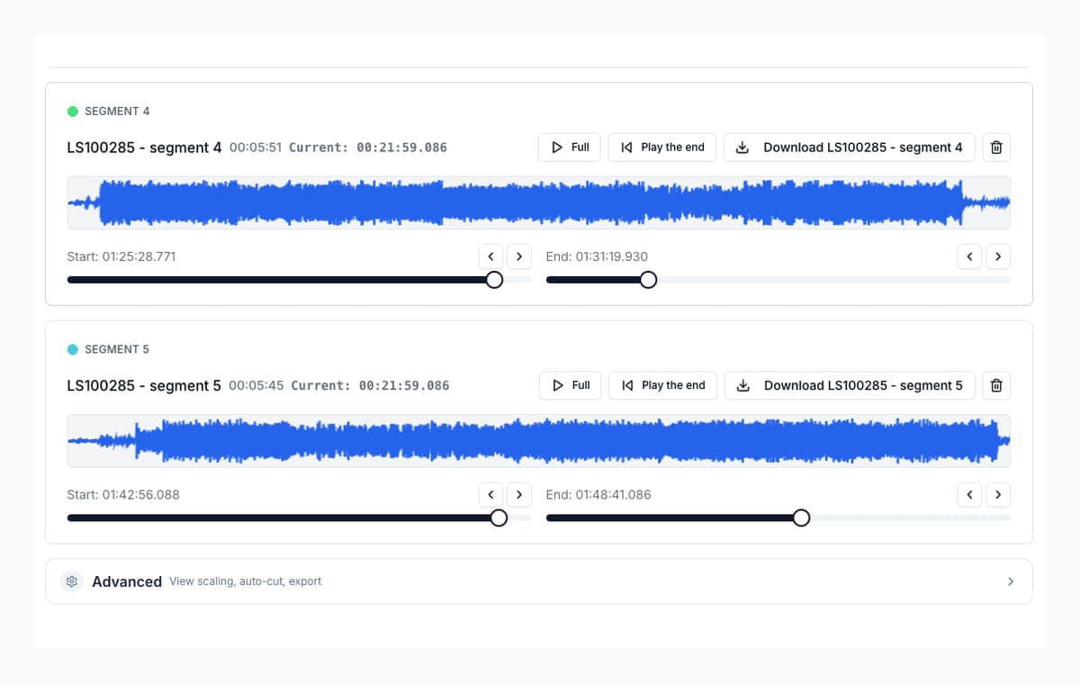 Boundary controls in AudioMultiCut used to refine the start and end of a cut before export.