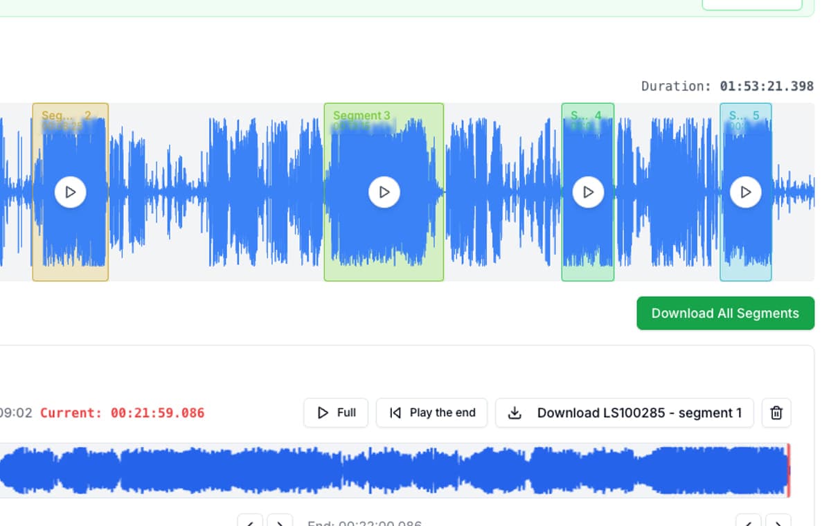 AudioMultiCut waveform with multiple coloured segments ready for export.