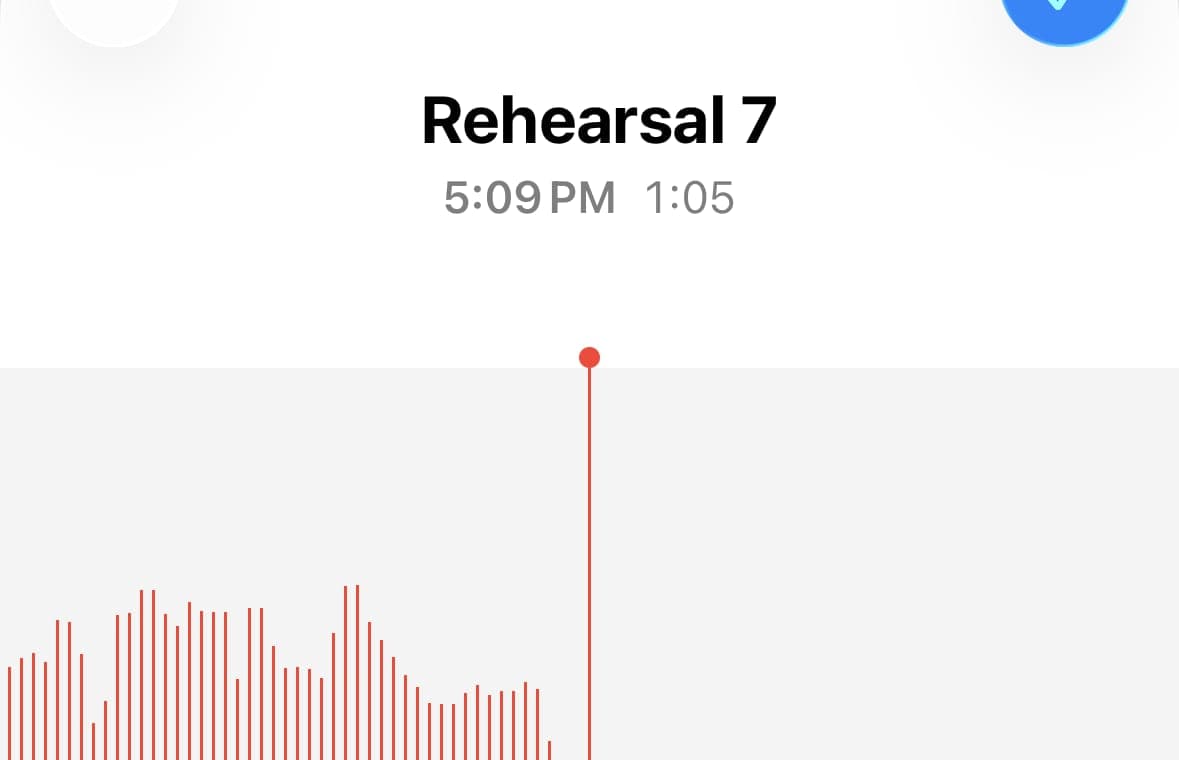 iPhone Voice Memos screen with a long recording that later gets split and exported.