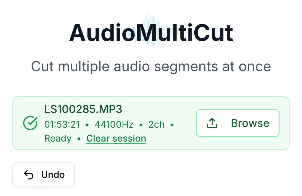 Mobile AudioMultiCut view showing a long recording loaded and ready to split on a phone.