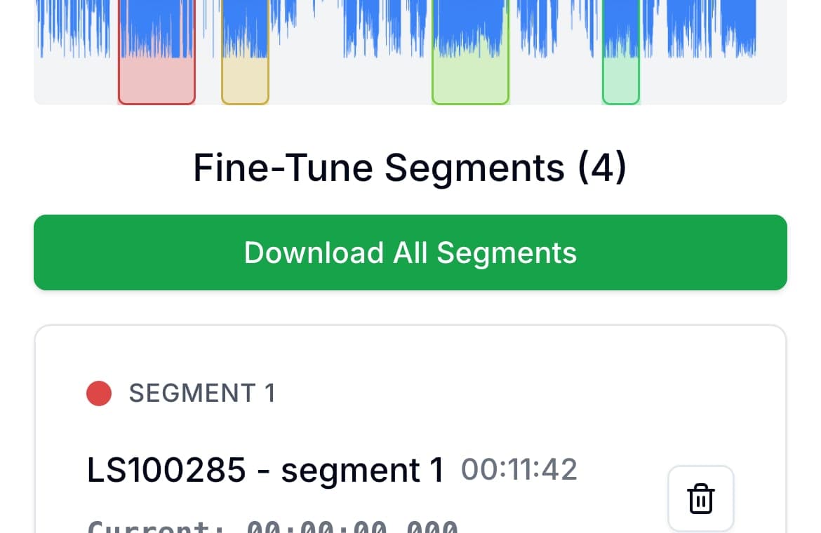 Mobile AudioMultiCut segment cards with per-segment playback, trimming, and download controls.