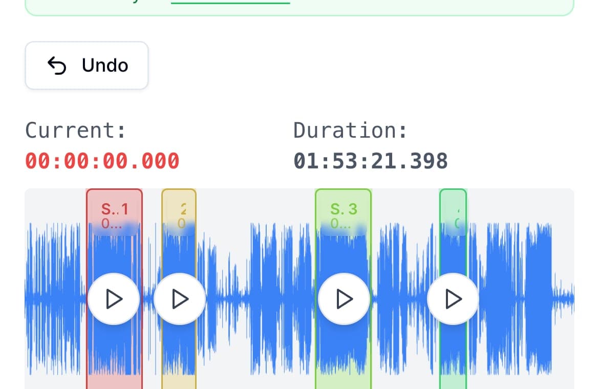 Mobile AudioMultiCut view showing the lecture waveform and chapter boundaries on a phone.