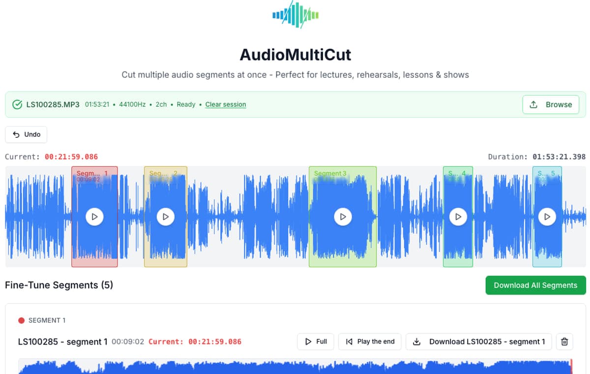 AudioMultiCut editor with multiple segments marked on one recording.