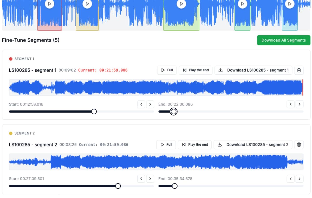 AudioMultiCut Auto-Cut suggestions shown as segment cards along a long recording.
