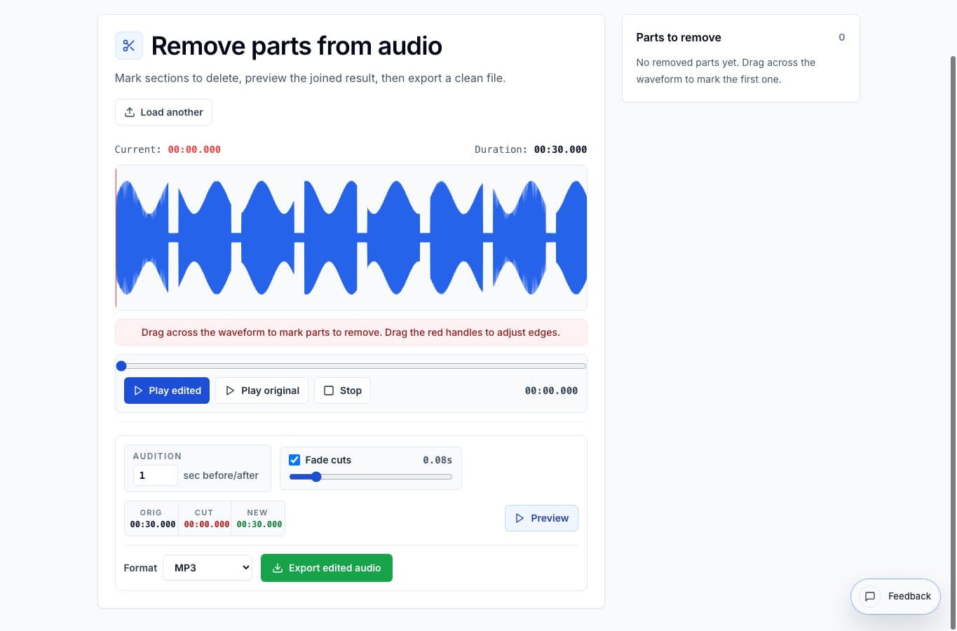 Removing several unwanted sections from one recording in AudioMultiCut.